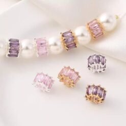 Copper plated thick silver color-preserving micro-inlaid pink purple zircon barrel beads 14K gold-plated handmade DIY bracelet spacer beads large hole wheel beads